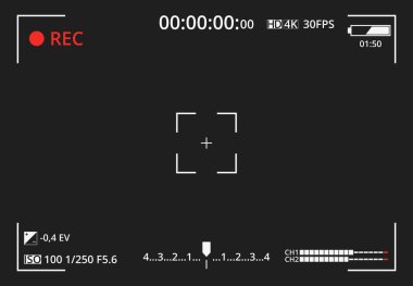 Karanlık arka planda video kamera görüntüleyicisi. Kameranın odaklanma ekranı. Konsept element ekran fotoğraf çerçevesi. Pozlama ayarları. Tasarımın için şablon. Vektör illüstrasyonu