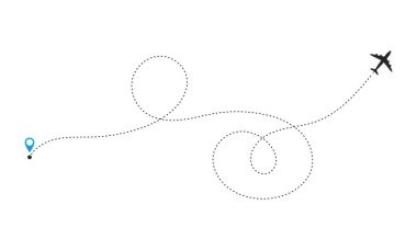 Plane track icon. Airplane line route with blue pin. Travel and tourism concept. Template design for web site, mobile app, poster, ad, print materials, cover. Vector illustration