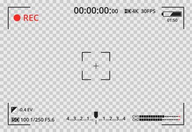 Şeffaf arkaplanda video kamera görüntüleyicisi. Kameranın odaklanma ekranı. Konsept element ekran fotoğraf çerçevesi. Pozlama ayarları. Tasarımın için şablon. Vektör illüstrasyonu
