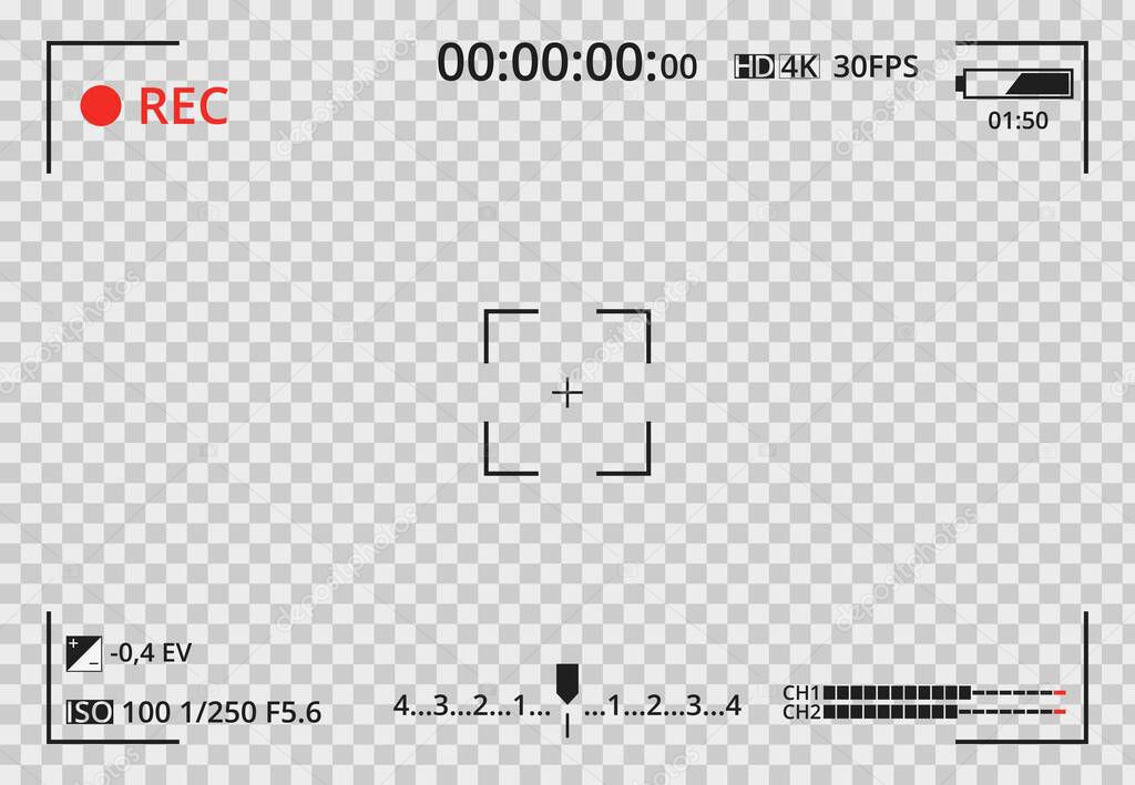 Video camera viewfinder on transparent background. Focusing screen of the camera. Concept graphic element screen photo frame. Exposure settings. Template for your design. Vector illustration