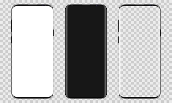 Şeffaf arka planda gerçekçi, modern akıllı telefon seti. Ön görüntü ekranı. Siyah, beyaz ve şeffaf ekranlı cep telefonu. Tasarımınız için şablon oluşturun. Vektör illüstrasyonu