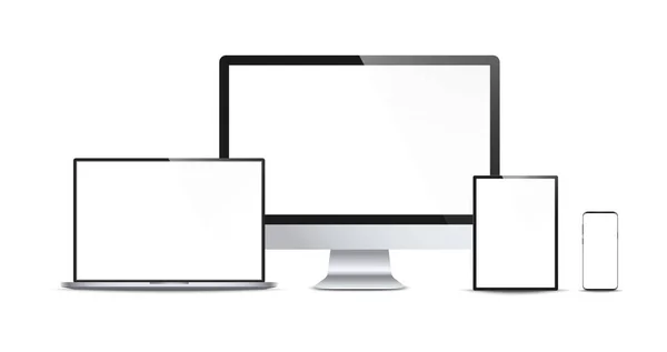 Gerçekçi modern cihazlar seti - masaüstü bilgisayar monitörü, dizüstü bilgisayar, tablet, akıllı telefon. Elektronik cihazlar beyaz arka planda izole edilmiş. Tasarımınız için şablon oluşturun. Vektör illüstrasyonu