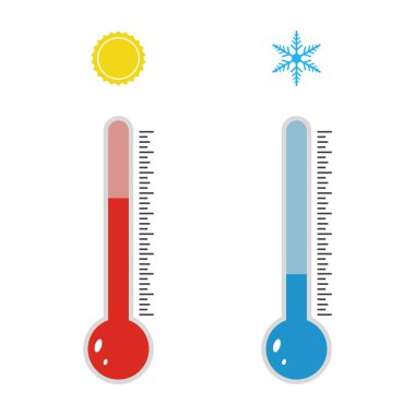 Termometre simgesi. Mavi ve kırmızı düz termometre göstergeleri. Meteoroloji termometreleri ısı ve soğuğu ölçüyor, güneş ve kar tanesi sembolüyle. Termometre termometresi sıcak ya da soğuk hava gösteriyor. Vektör illüstrasyonu