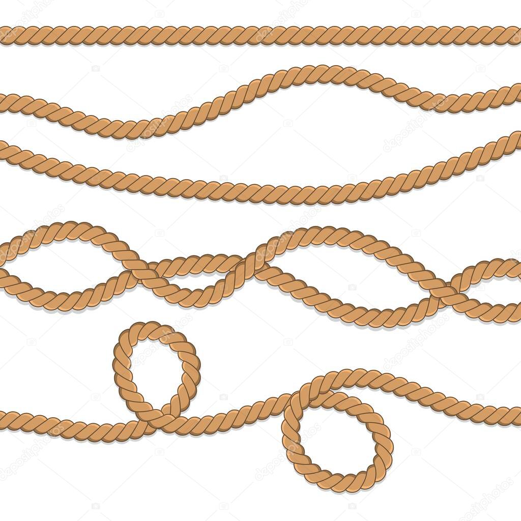 Set of different ropes. String, jute, thread, cord and twisted rope knots. Nautical yellow rope woven symbol. Template design for decoration and covering. Vector illustration