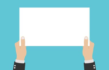 Elleri boş pankart ya da poster tutuyordu. Elin boş bir kağıt tutuyordu. Uyarı için şablon tasarımı, sunum, web afişleri, reklamcılık, duyuru. Vektör illüstrasyonu