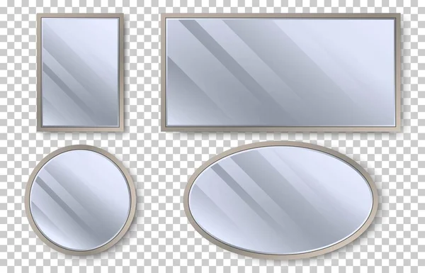 Camda yansıması olan gerçekçi aynalar. Farklı şekillerde ahşap çerçeveli geometrik ayna. Daire, dikdörtgen, kare, oval. İç mekan için şablon tasarımı. Vektör illüstrasyonu