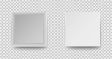 Şeffaf arka planda gölgesi olan gerçekçi beyaz kutu. Üst Manzara. Boş karton kutuyu aç. Tasarımınız için şablon oluşturun. Vektör illüstrasyonu