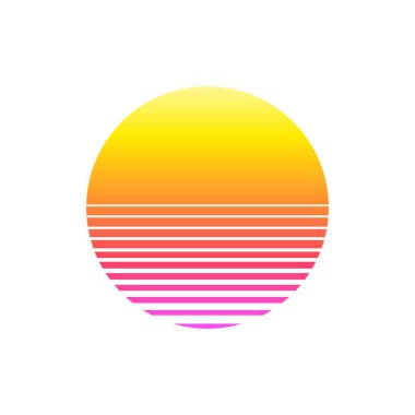 Beyaz arka planda 80 'lerin tarzında gün batımı. Retrodalga, sentetik fütüristik arka plan. Siber ya da bilim kurgu konsepti için şablon tasarımı. Vektör illüstrasyonu