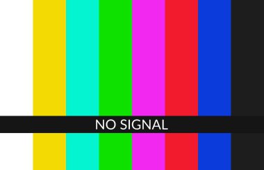 Sinyal TV arkaplanı yok. Televizyon ekranında hata. Deneme amaçlı desen sinyali. SMPTE renk çubukları teknik sorunlar. Vektör illüstrasyonu