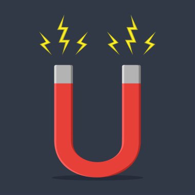 Manyetik enerjili kırmızı at nalı mıknatısı. Manyetizma, manyetizma, çekim konsepti. Projeniz için şablon tasarım ögesi. Vektör illüstrasyonu