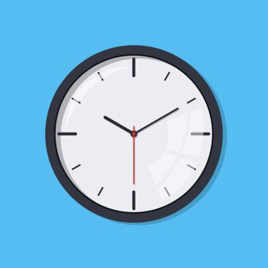 Duvardaki saat mavi arka planda izole edilmiş. Ön manzara. İç mekan elementi. İç mekan, ofis, ev, mağaza ve grafikler için şablon tasarımı. Vektör illüstrasyonu