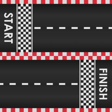 Kırmızı kareli kenarlı yarış geçidi. Başlangıç ve bitiş çizgisiyle yarış pisti. Üst Manzara. Karting için şablon tasarımı, formula _ 1, Nascar yarışı. Vektör illüstrasyonu