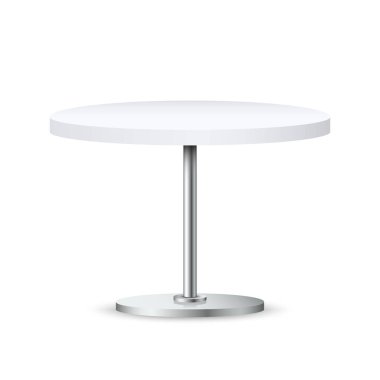 Metal tezgahı beyaz arka planda izole edilmiş gerçekçi boş yuvarlak masa. Tasarımınız için şablon oluşturun. Restoran ya da kafeterya iç mekanı kavramı. Vektör illüstrasyonu