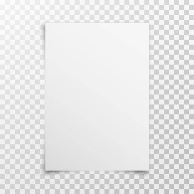 Şeffaf arkaplanda gölgesi olan beyaz gerçekçi boş kağıt sayfası. A4 yaprak kağıdı. Tasarımınız için şablon oluşturun. Vektör illüstrasyonu