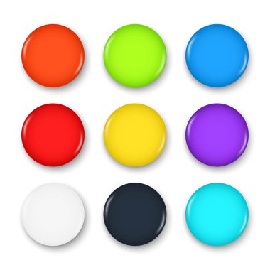 Renkli, gerçekçi rozetler. Gölgeli parlak iğne düğmesi. 3D boş model. Ürün promosyonları için şablon tasarımı, satış, amblem, gönüllü etiketi. Vektör illüstrasyonu