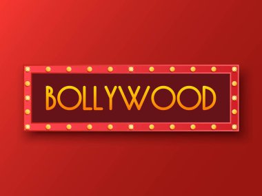 Bollywood Hint sineması posteri. Klasik Hint filmi, sinematografi ve tiyatro afişi. Parlayan kırmızı çerçeveli ve yazılı ampullü ilan panosu. Vektör illüstrasyonu