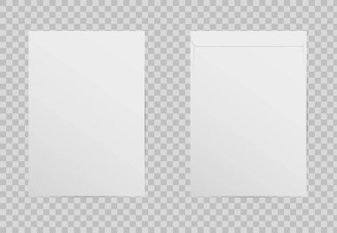Şeffaf arkaplanda izole edilmiş gerçekçi C4 boş zarf. A4, gölgeli beyaz kağıt harf oluşturur. Dikey belge için zarflar. Dikey posta ücreti. Vektör illüstrasyonu