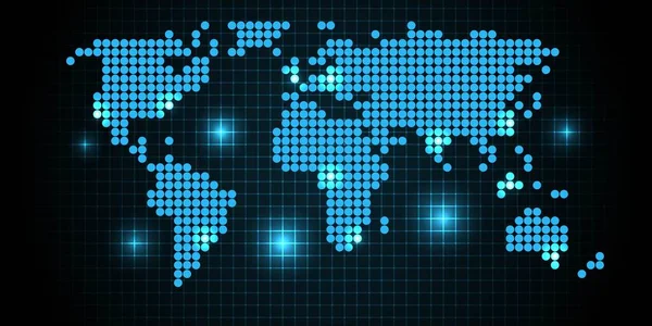 Dijital noktalı dünya haritası koyu mavi arkaplanda izole edilmiş. Yüksek teknoloji, küresel ağ iletişimi, senkronizasyon konsepti. İş ve teknoloji soyut illüstrasyon. Vektör çizimi