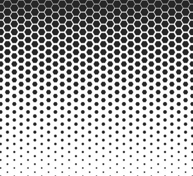 Altıgen yarım ton şekilleri beyaz arkaplanda izole edilmiş. Modern soyut geometrik doku. Bilim-Kurgu duvar kağıdı için şablon tasarımı, teknoloji posteri. Vektör illüstrasyonu