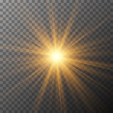 Gerçekçi bir yıldız patlaması ışığı. Sarı güneş ışınları ve şeffaf arkaplanda parlıyor. Parlayan ışık patlaması. Parıltı efekti desenli ışıltı. Vektör illüstrasyonu