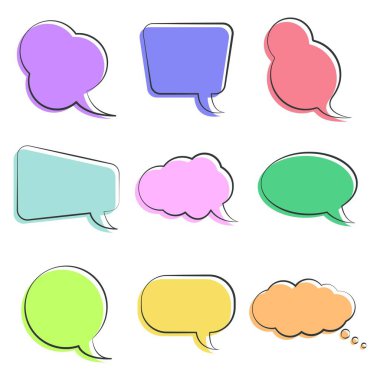 Farklı şekillerde renkli konuşma baloncukları. Çizgi film karalama konsepti. Sorular, iş dünyası, sohbet, medya, sosyal, iletişim, satış, notlar, sunum reklamları için şablon tasarımı. Vektör illüstrasyonu