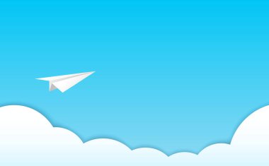 Mavi gökyüzünde beyaz kağıt uçak. Kağıt katmanları kesilmiş. Seyahat konsepti için şablon tasarımı, macera, iş fikri, liderlik, başarı, takım çalışması. Vektör illüstrasyonu