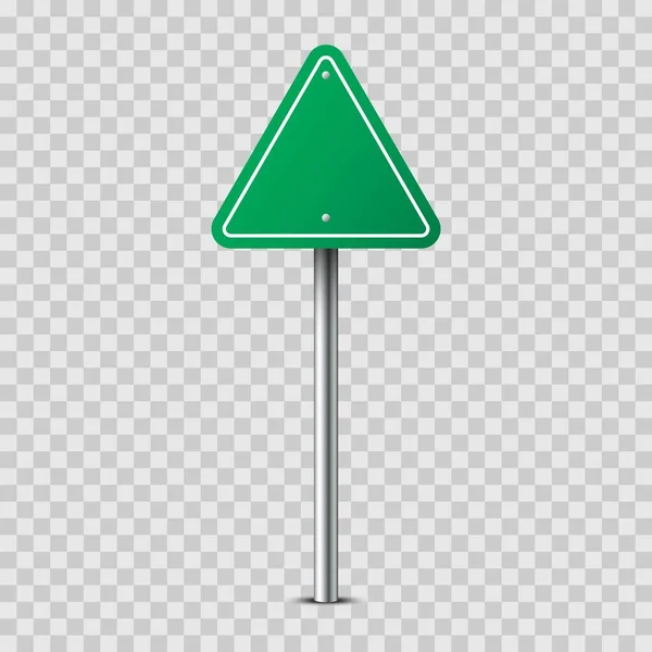 Realistická Zelená Trojúhelníková Dopravní Značka Kovové Tyči Izolované Průhledném Pozadí — Stockový vektor
