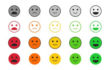Set of of emoticons. Emotion rating satisfaction. User experience feedback. Different mood smiley emoticons excellent, good, normal, bad, awful. Concept from positive to negative. Vector illustration