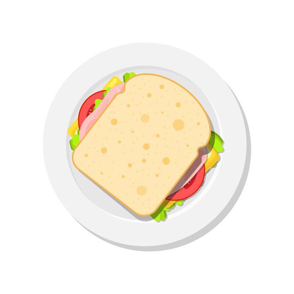 Sandwich on plate top view. Slice of bread with cheese, tomato, salad, ham. Template for web design, brochure printing, food presentation or menu. Vector illustration
