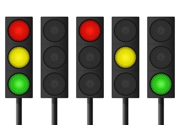 Değişik Sıralı Modern Trafik Işıkları Seti Kırmızı Sarı Yeşil Işık — Stok Vektör