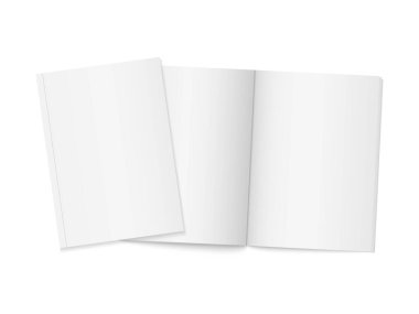 İki gerçekçi boş kitap. Dikey broşür sayfası, defter, dergi, broşür, kapak. Tasarımınız için şablon oluşturun. Grafik, yaratıcı, iş, eğitim vektörü illüstrasyonu için boş kağıt