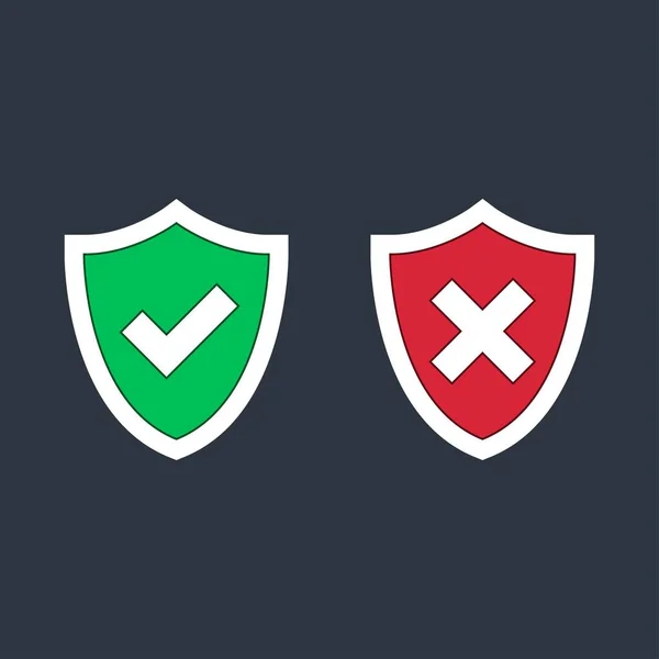 Shield Check Marks Icon Set Red Green Shield Tick Cross — Stock Vector