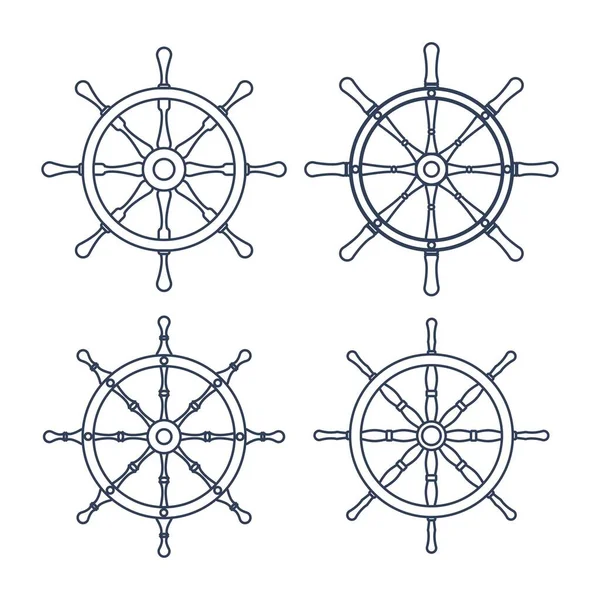 Set Steering Ship Wheels Line Icon Travel Concept Rudder Helm — Stock Vector