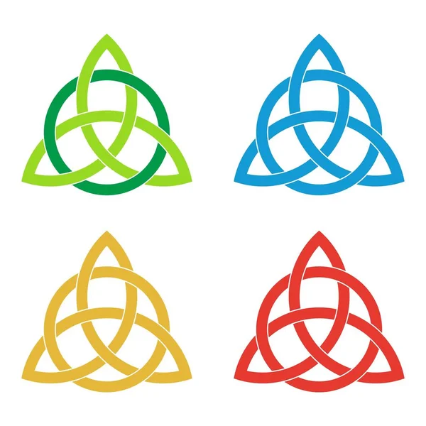 Set of celtic triquetra knots. Green, blue, golden, red celtic trinity knot. Logo template design element. Vector illustration