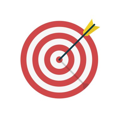 Ok ikonlu hedef. Yarışmayı kazanmak için şablon tasarımı, gol başarısı, zafer ve iş. Konsept hedef pazar, seyirci, grup, tüketici. Vektör illüstrasyonu
