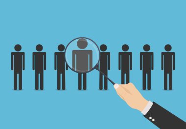 En iyi aday ya da çalışanı cam büyüteçle arayın. İş konsepti için kiralamak. İnsanların silueti. Eleman toplama ajansı için şablon tasarımı, kelle avcılığı. Vektör illüstrasyonu