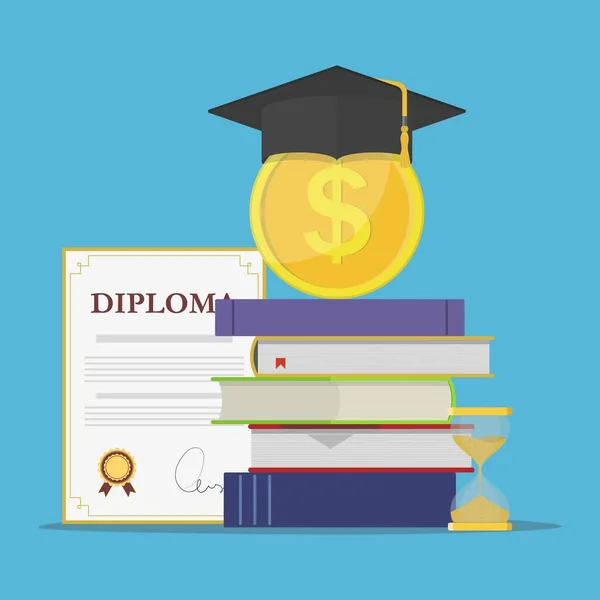 Eğitime yatırım. Kitap yığını, diploma, üniversite öğrencisi şapkası, bozuk para ve kum saati. Eğitim ya da iş konsepti için para tasarruflarının şablonu. Vektör illüstrasyonu