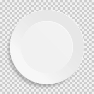 Şeffaf arka planda gölgesi olan gerçekçi, boş bir tabak. Üst Manzara. Yemek için mutfak gereçleri. Yemek sunumu ve projeleriniz için şablon tasarımı. Vektör illüstrasyonu