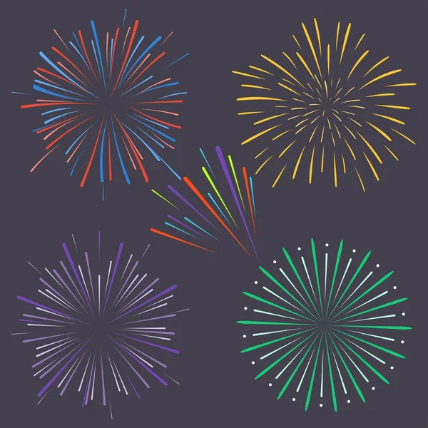 Set Von Bunten Explodierenden Feuerwerk Nachthimmel Hintergrund Festlicher Feuerwerkssalut Platzte — Stockvektor