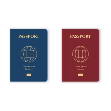 Mavi ve kırmızı pasaport. Uluslararası kimlik belgesi simgesi. Seyahat ve turizm konsepti. Vektör illüstrasyonu