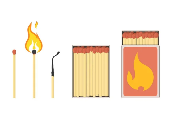 Set Mathces Matchbox Unsed Burning Burnt Matchsticks Opened Matchboxes Vector — Stock Vector