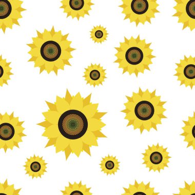 Ayçiçeği deseni kusursuz. Dekoratif çiçek tasarımı elementleri. Poster, afiş, duvar kağıtları, web sayfası arkaplanları, yüzey dokuları için şablon tasarımı. Vektör illüstrasyonu