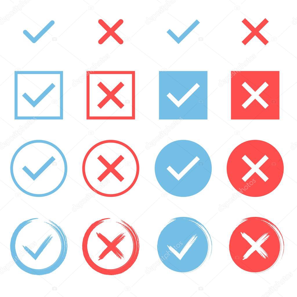 Set of check marks. Blue tick and red cross. YES or NO accept and decline symbol. Buttons for vote, election choice. Empty, square frame, circle and brush. Check mark OK and X icons. Vector