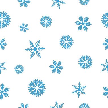 Kar taneleri pürüzsüz desenli. Poster, afiş, duvar kağıtları, web sayfası arkaplanları, yüzey dokuları için şablon tasarımı. Mavi Xmas, kış tatili kar kristali elementi. Vektör illüstrasyonu
