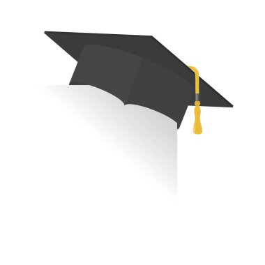 Mezuniyet şapkası kağıdın köşesinde asılı. Mezuniyet şapkası ya da püsküllü havan topu. Akademik, üniversite, öğrenci, okul ve eğitim sembolü. Vektör illüstrasyonu