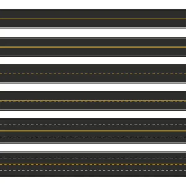 Conjunto Inconsútil Diferentes Marcas Carretera Carreteras Horizontales Rectas Asfalto Vista — Vector de stock