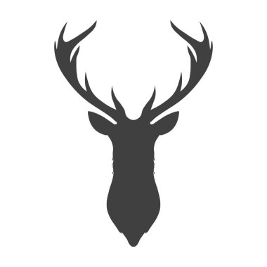 Geyik kafası ve boynuzlarının koyu gri silueti. Şablon logo tasarımı. Vektör illüstrasyonu