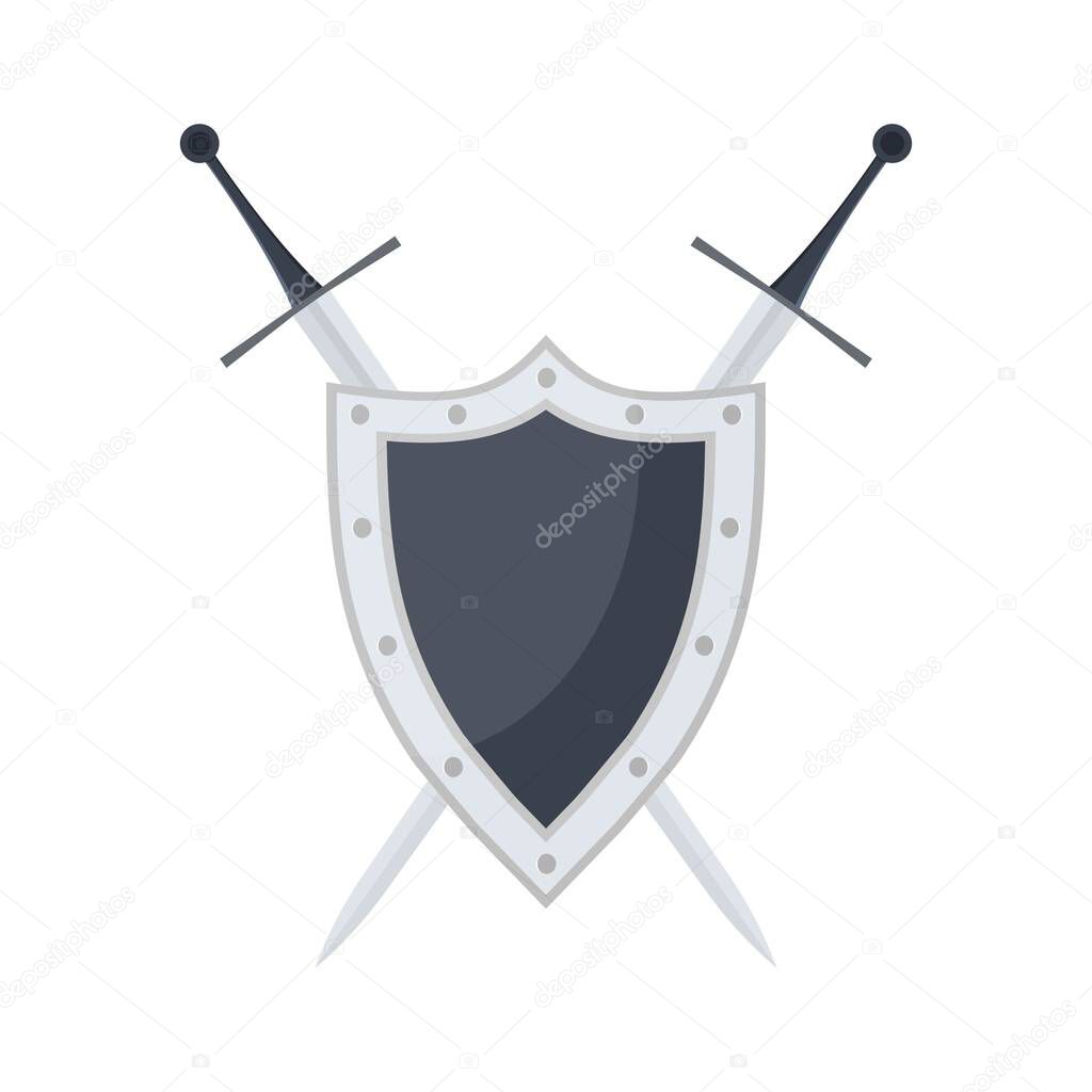 Metal medieval shield and crossed swords. Safeguard sign. Security symbol. Safety label. Vector illustration