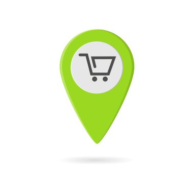 Süpermarket, mağaza, dükkan konumu ikonu. Alışveriş arabalı yeşil harita işaretçisi. Web ya da mobil uygulama için şablon tasarımı. Vektör illüstrasyonu