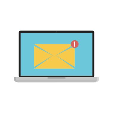 Zarf simgesi olan dizüstü bilgisayar. E-posta pazarlama ve internet reklamcılığı konsepti. Mavi ekranda harfli defter. Vektör illüstrasyonu